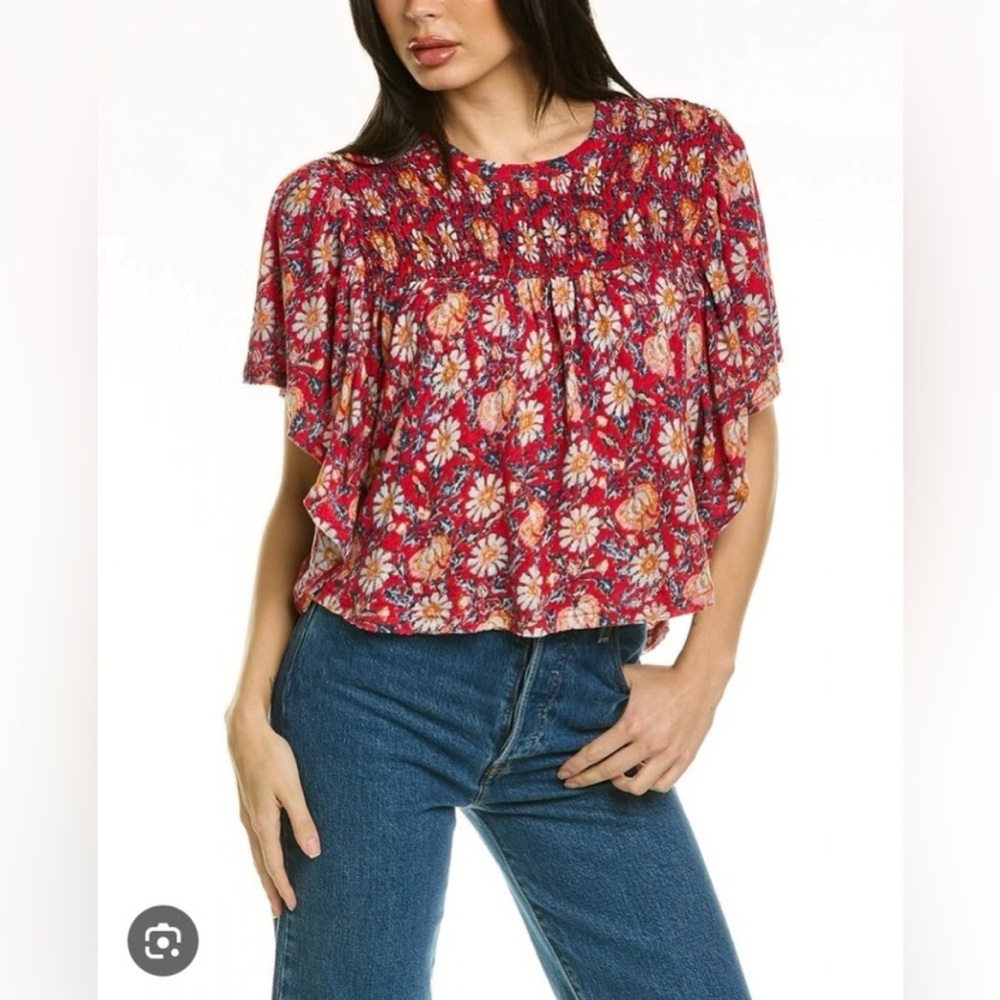 Free People Printed Ruffled Up Linen-blend Top NWOT